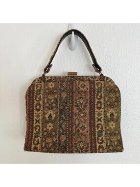 Vintage 50’s 60’s Kashmir Tapestry Floral Top Handle Purse Handbag Boho Cottage